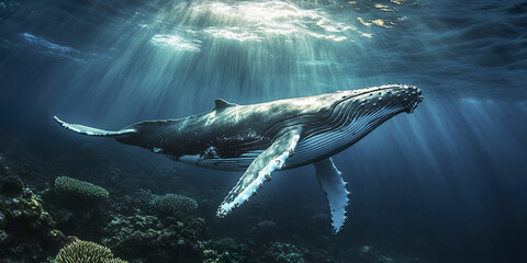 Fototapeta premium majestic humpback whale gliding past coral reef underwater