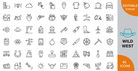 Wild West, History, Legends & Life in the American Frontier icon pack | Detailed Outline | Editable Stoke 60 icon | Victor illustrator.