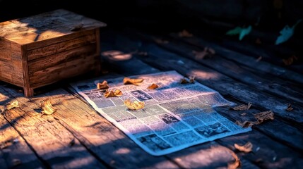 Naklejka premium Aged Newspaper on Wooden Surface Vintage Texture Autumn Leaves Cinematic Lighting High