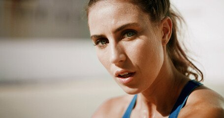 Woman, portrait and break in city, fitness and workout for muscle growth in summer, sweat or tired...