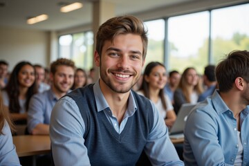 Fototapeta premium Smiling young adult male student in a classroom filled with peers, showcasing a friendly and engaged atmosphere during a learning session in a modern educational environment.