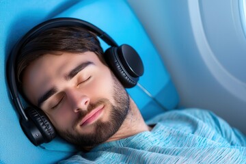 sleeping on airplane Young man sleeping with headphones on during a flight.