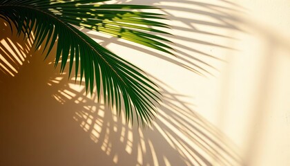 Fototapeta premium Soft light, shadow-dappled palm leaf silhouette on sandy-colored grunge wall Tropical summer backdrop, minimal, tropical