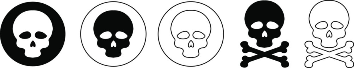 Skull crossbone pirate icon set logo Halloween ghost graphic danger anatomy symbol Silhouette. Cartoon skull death flat and line vector collection isolated on transparent background for apps and game