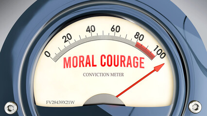 Moral Courage and Conviction Meter that is hitting a full scale, showing a very high level of moral courage, overload of it, too much of it. Maximum value, off the charts.  ,3d illustration