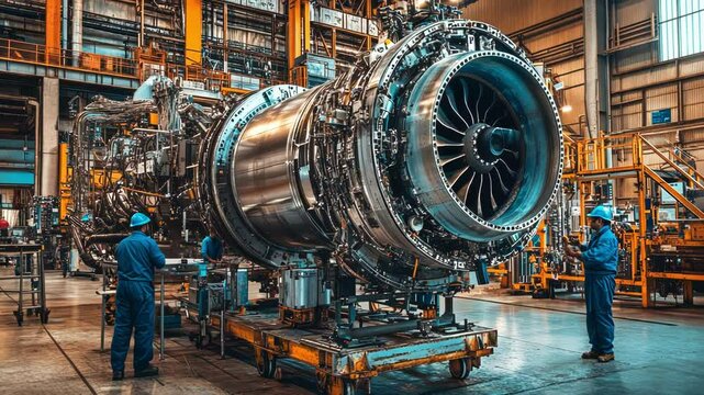 A large aircraft engine being assembled in a busy industrial workshop.