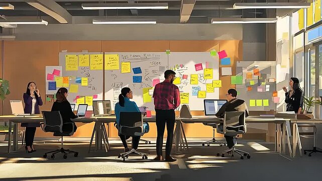 A collaborative team brainstorming and analyzing ideas in a modern office environment, using sticky notes.