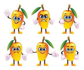 Set of cartoon mango characters with different emotions, showing gestures and facial expressions. Vector illustration