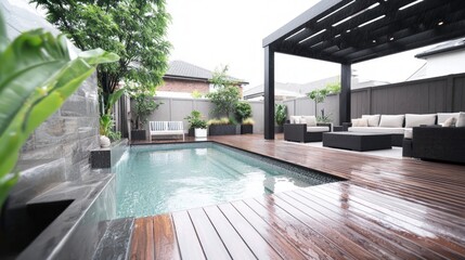 Fototapeta premium Modern Backyard Oasis Pool Deck Pergola Luxury Garden Design