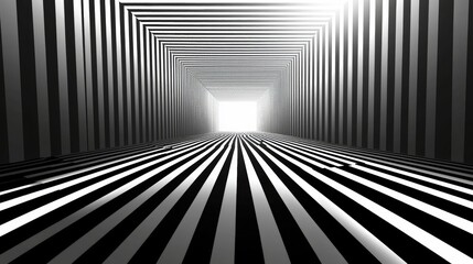Naklejka premium Abstract Perspective of Black and White Tunnel with Striped Walls and Bright Light at End
