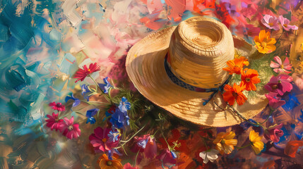 "A fragile straw hat embellished with bright, colorful flowers rests gracefully against a stunning spring scene, radiating femininity and the charm of natural beauty