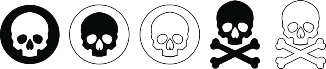 Skull crossbone pirate icon set logo Halloween ghost graphic danger anatomy symbol Silhouette. Cartoon skull death flat and line vector collection isolated on transparent background for apps and game