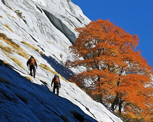 Two people hike up a steep mountain side near an orange tree