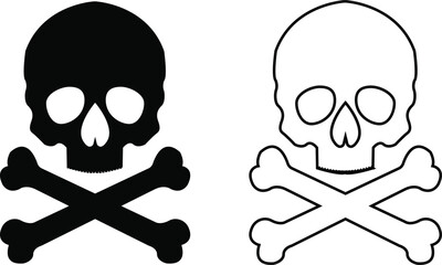 Skull crossbone pirate icon set logo Halloween ghost graphic danger anatomy symbol Silhouette. Cartoon skull death flat and line vector collection isolated on transparent background for apps and game