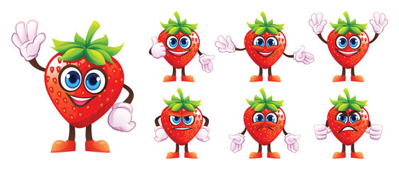 Set of cartoon strawberry characters with different facial expressions and hand gestures. Vector illustration