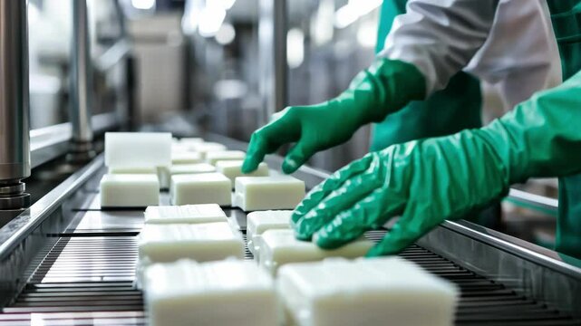 Hands in green gloves handle soap bars on a factory production line.