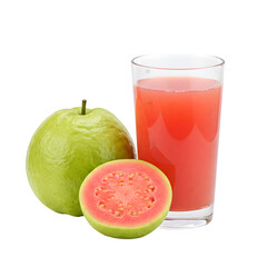 glass of fresh guava smoothie, a whole guava fruit with a green leaf is featured, all against a crisp white background.