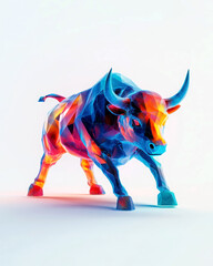 A vibrant, geometric bull sculpture symbolizing strength and hope.