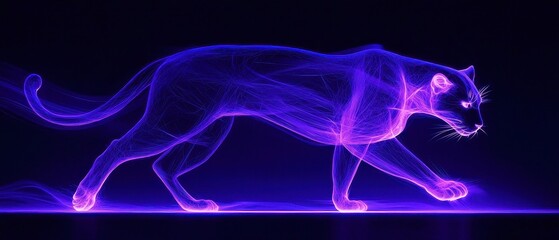 Violet Sapphire Panther Radiating deep violet neon with sapphire edges, softly fading into darkness, graceful trails suggest motion in a striking, dynamic display.