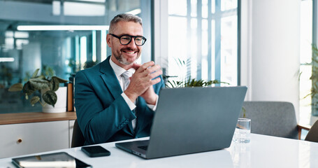 Office, businessman and clap with laptop for video call, investment growth and finance achievement. Happy, mature person and financial advisor with virtual meeting for applause or celebrate promotion