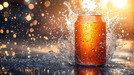 Refreshing Orange Beverage Can with Splashing Water at Sunset