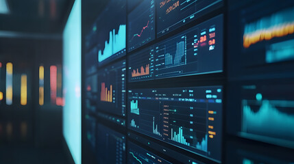 Digital marketing interface on touchscreen with analytical data and graphs, showcasing various metrics and performance indicators in modern, high tech environment
