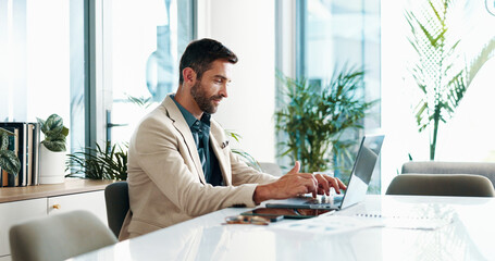 Accountant, laptop and businessman in office for finance analysis, budget review and company investment. Corporate, professional and person on computer for online research, audit report and planning