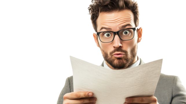 Man with glasses absorbed in reading a document, study in focus and concentration