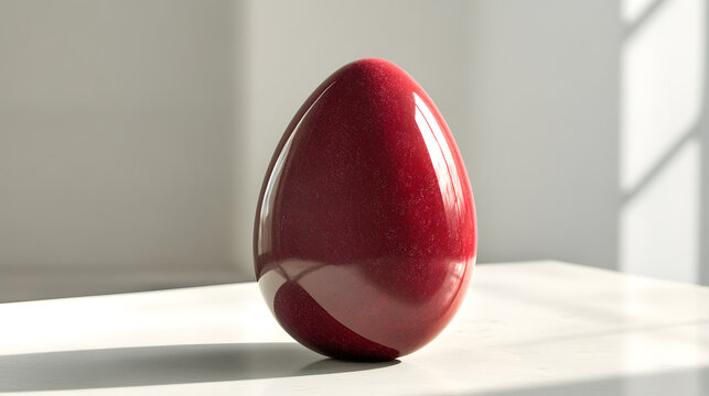 polished deep ruby red jade egg with luxurious texture sits elegantly on white surface, reflecting light beautifully in minimalist setting