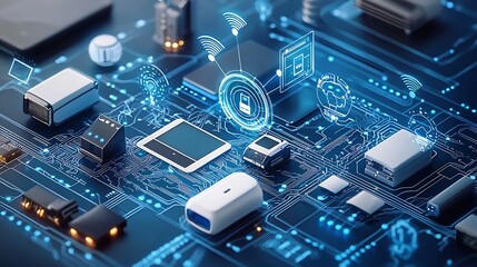 Fototapeta premium Wireless networking visualization interconnected smart devices futuristic IoT concept showing AI based automation security systems