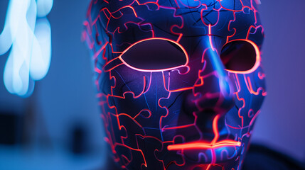 A glowing puzzle mask with bioluminescent patterns, pulsating with energy, depicting the neural connections of a creative mind. -