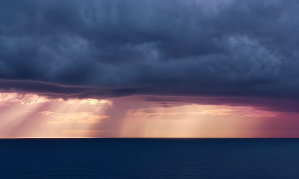 cinematic video timelapse showcases dramatic storm clouds dispersing to reveal stunning ocean sunset with vibrant pink and purple hues