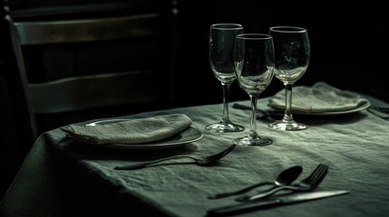 Elegant dining table setting with three wine glasses and neatly arranged plates in soft, moody lighting