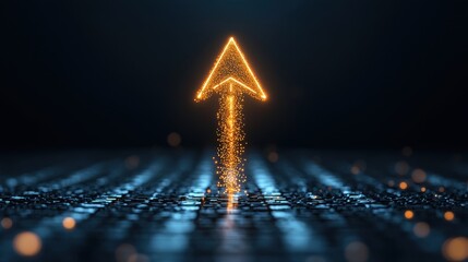 Illuminated digital arrow composed of dynamic lights and data symbolizing the advancement growth and momentum of technology and innovation