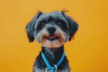 Energetic dog biting blue leash against bold orange backdrop with clean copy space, ideal for pet product packaging, animal welfare campaigns, or dog training service branding. High-contrast modern de