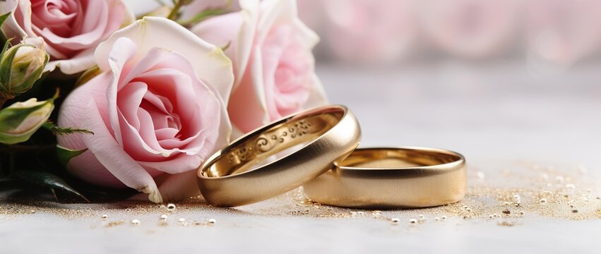 Clean white wedding backdrop with golden wedding rings and delicate pink rose petals, professionally isolated with soft shadow effect. Ideal for digital marketing campaigns, wedding blog headers, or c