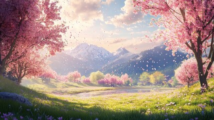 Obraz premium Serene Springtime Scene with Cherry Blossoms and Breathtaking Nature