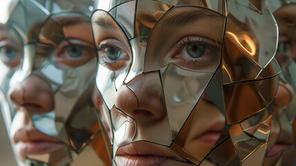 A mirror-like puzzle mask reflecting multiple versions of the same face, representing different facets of personality.