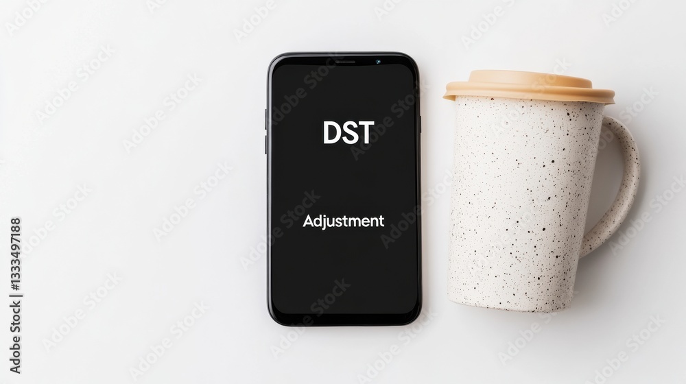 Poster minimalist tech productivity digital daylight savings time adjustment with ceramic mug - modern work