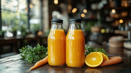 Freshly squeezed orange and carrot juice in glass bottles