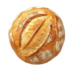 Round artisan bread viewed from above on white background with detailed crust texture, Bread top view isolated on white background