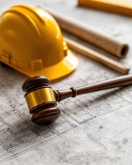 Legal Concept in Construction with Gavel, Helmet, and Blueprint on the Table