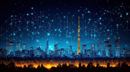 Fototapeta premium Futuristic City Skyline with Abstract Digital Network and Night Sky Illuminations