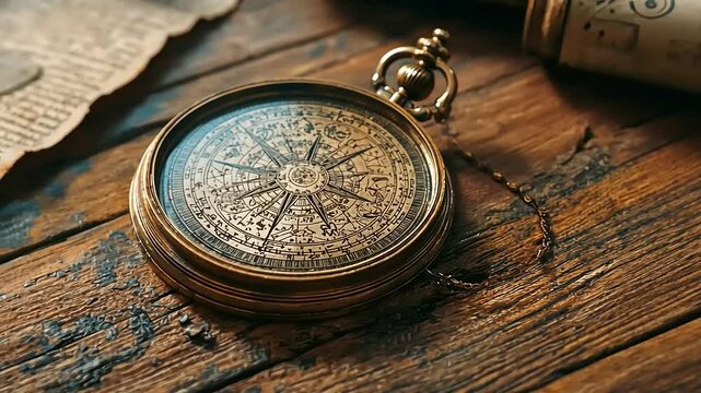 A detailed close-up of an antique compass and parchment on rustic wooden surface.