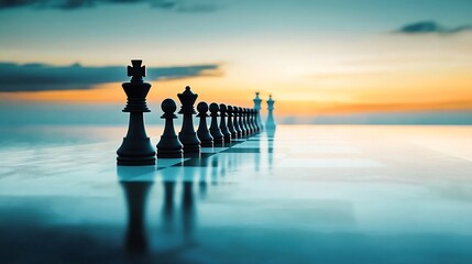 Chess pieces aligned on a mirrored chessboard at sunset, strategic positioning.