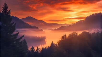 Obraz premium Stunning Sunset Over Mountain Lake