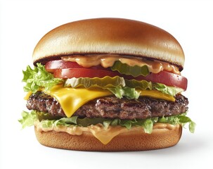 Delicious double cheeseburger on a white background, with condiments, lettuce, pickles, and tomatoes