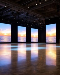 Fototapeta premium Modern Conference Room with Large Screens Displaying Sunset over Ocean Reflection on Floor