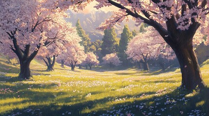Fototapeta premium Breathtaking Springtime Serenity Scene with Cherry Blossom Trees