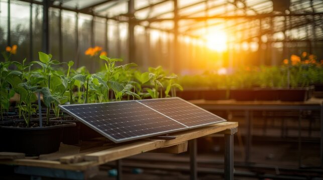 A solar powered greenhouse filled with lush growing plants bathed in the warm glow of the rising sun showcasing a sustainable and eco friendly approach to agriculture